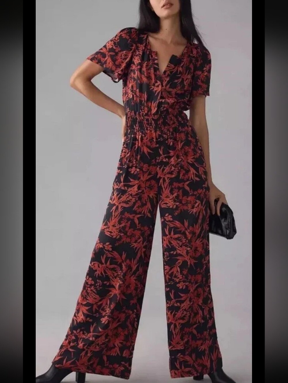 Anthropologie - The Somerset Jumpsuit - Satin Black Red Floral Print - Size S